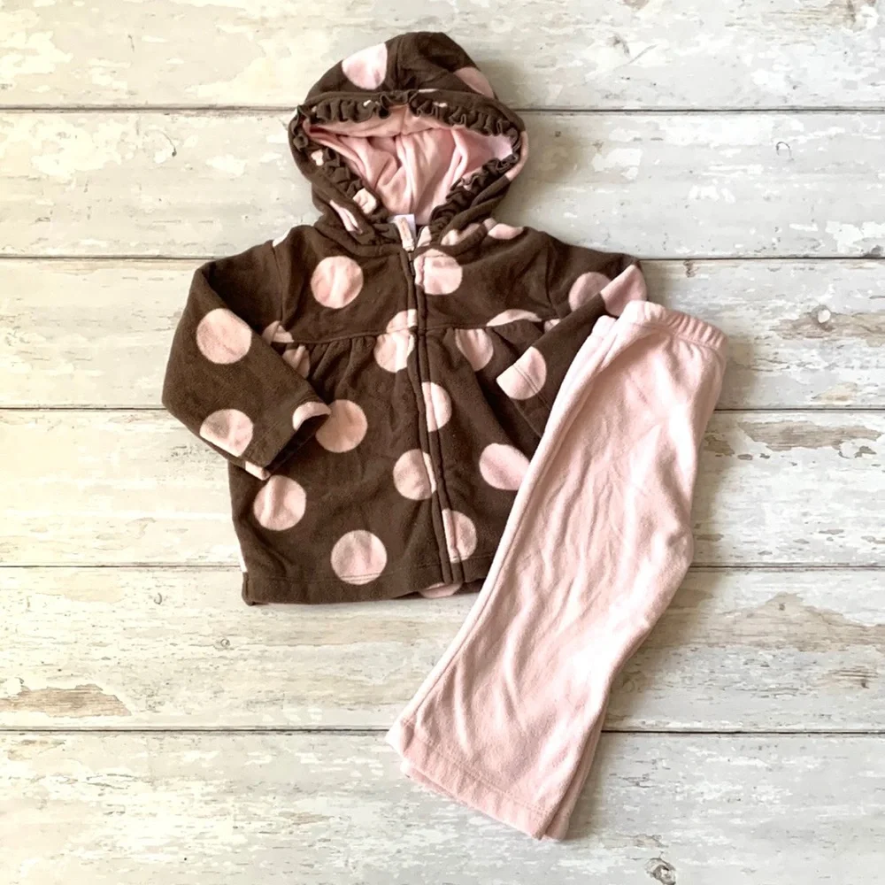 Carters 6m Baby Girl Fleece Outfit Track Suit Pink Pants Jacket Hoodie Polka Dot